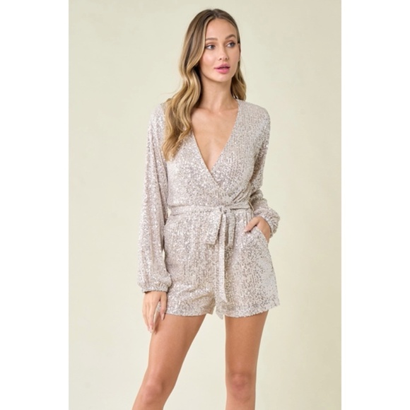 Champagne Sparkling Metallic Sequin Holiday Cocktail Wrap Style Romper - Picture 3 of 8